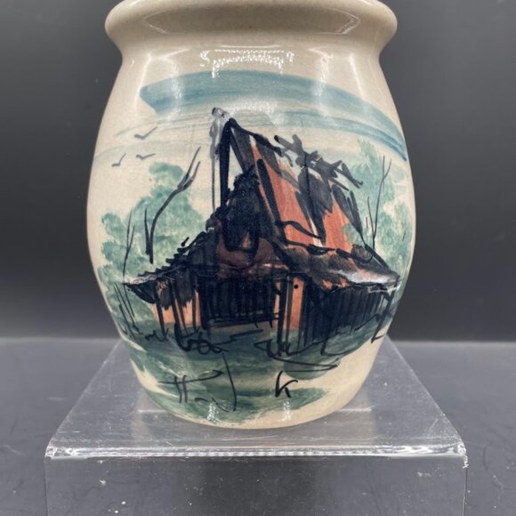 Paul Storie Pottery Marshall TX Brown Barn Green Scene Crock Utensil Holder Vase - Picture 1 of 10